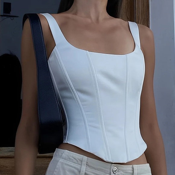 Commense Tops - Commense White Satin Square Neck lace up Corset Tank Top